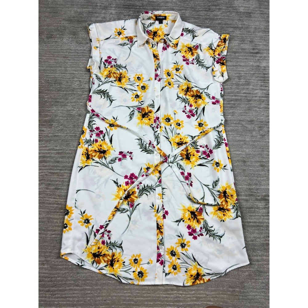 Express Shirt Dress Womens Small White Floral Button Up Tie Waist Cap Sleeve